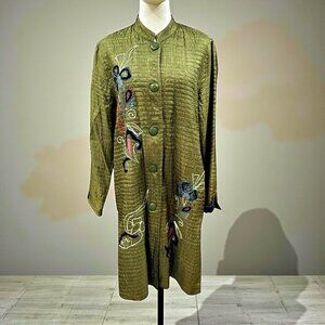 Embroidered Long Jacket Kimono Green Sz L Quilted Lined 90s Art to Wear Oriental